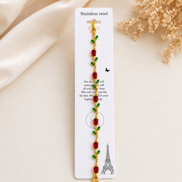 Gold Plated Red Tulip Bracelet for Women | Adjustable Floral Crystal Bracelet