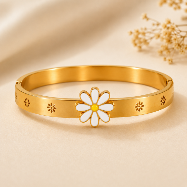 Anti Tarnish Daisy Flower Gold Bracelet for Women | Stainless Steel Floral Bangle