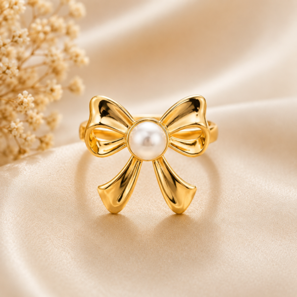 Gold Bow Pearl Ring for Women | Adjustable Open Ring | Zeybling