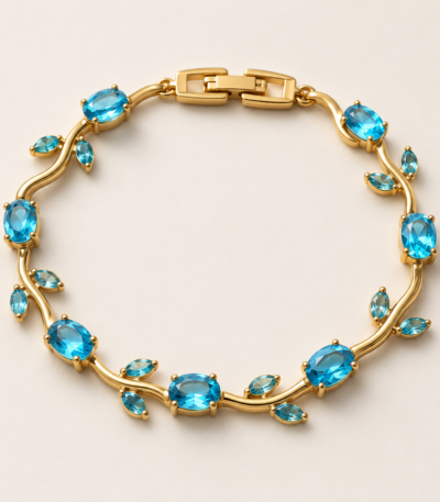 ZEYBLING Anti Tarnish Gold Plated Tulip Bracelet with Blue Crystal Stones for Women