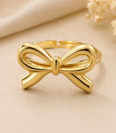 Anti Tarnish Gold Bow Adjustable Ring for Women – Minimalist Open Fashion Ring