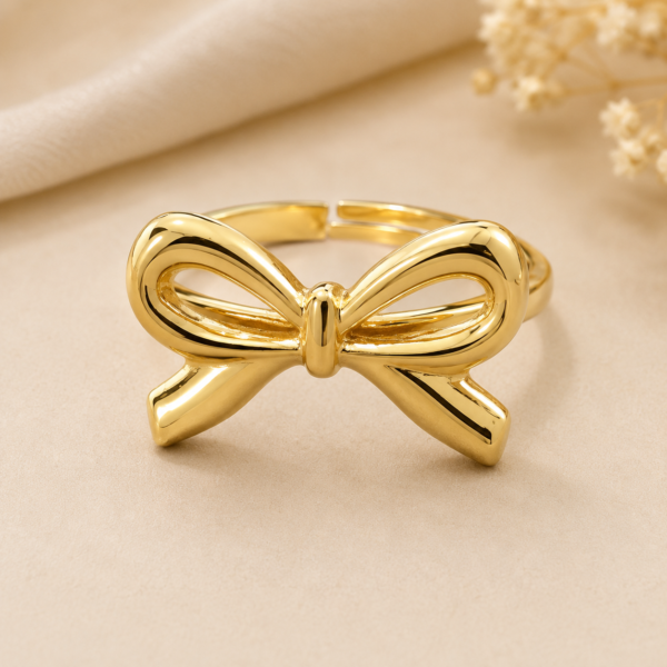 Anti Tarnish Gold Bow Adjustable Ring for Women – Minimalist Open Fashion Ring
