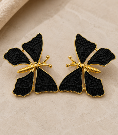 Anti Tarnish Black Butterfly Gold Plated Statement Earrings for Women
