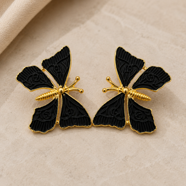 Anti Tarnish Black Butterfly Gold Plated Statement Earrings for Women