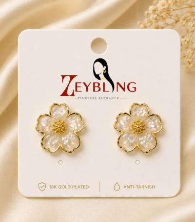 ZEYBLING Anti Tarnish Pearl Flower Stud Earrings for Women with Gold Plated Finish