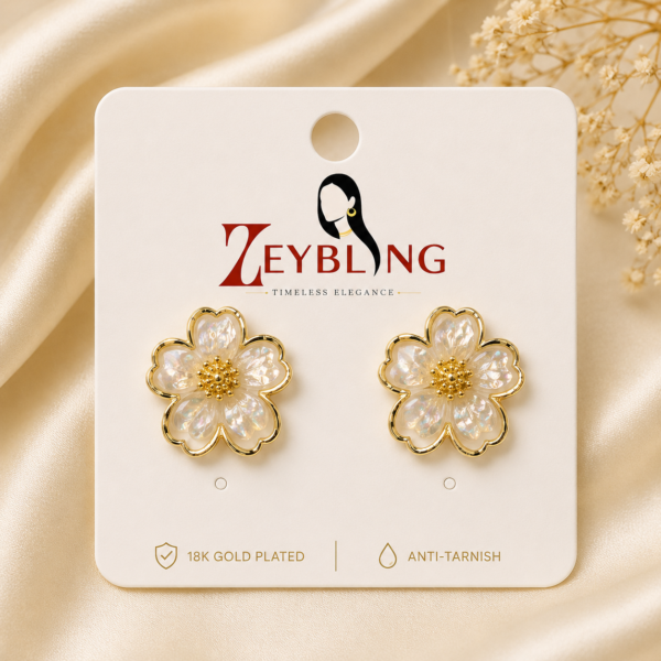 ZEYBLING Anti Tarnish Pearl Flower Stud Earrings for Women with Gold Plated Finish