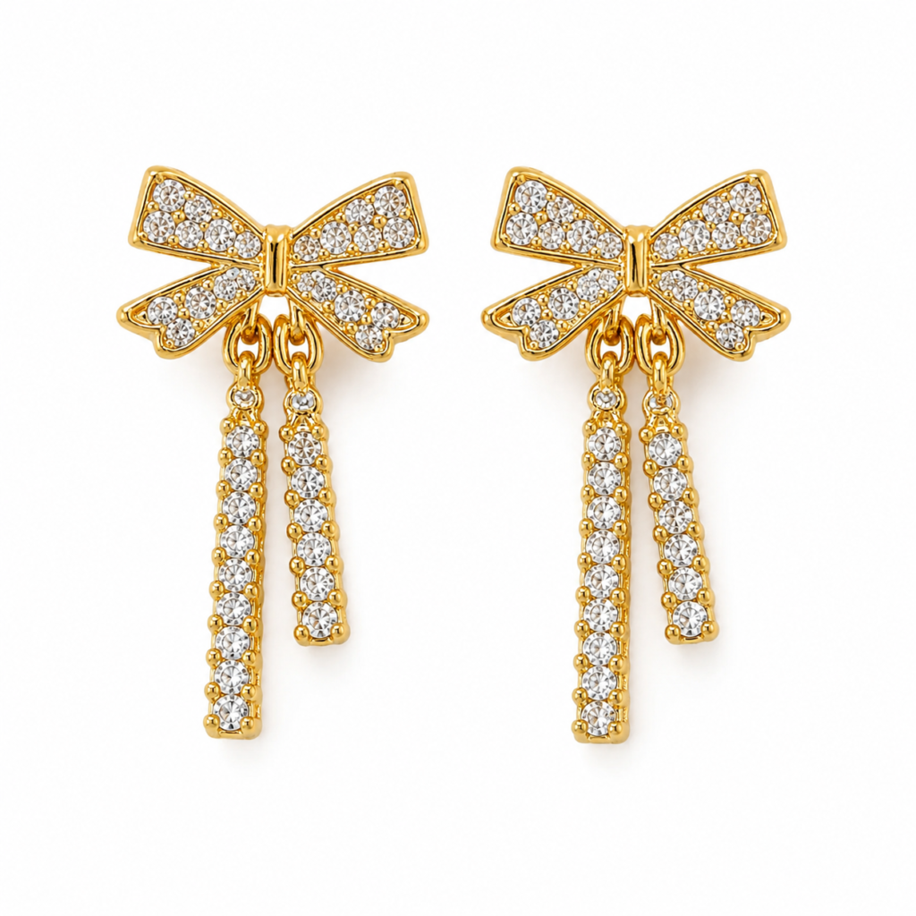 ZEYBLING Anti Tarnish Gold Plated Crystal Bow Tassel Earrings for Women