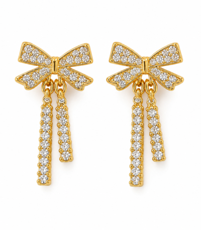 ZEYBLING Anti Tarnish Gold Plated Crystal Bow Tassel Earrings for Women