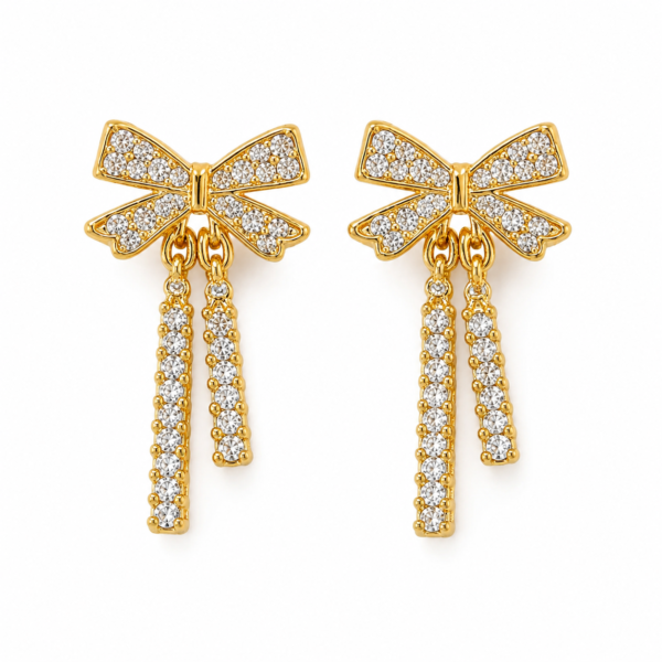 ZEYBLING Anti Tarnish Gold Plated Crystal Bow Tassel Earrings for Women