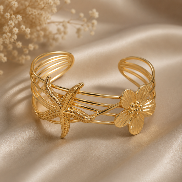 Gold Floral Starfish Open Cuff Bracelet for Women | Elegant Adjustable Bracelet