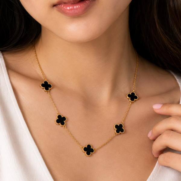 ZEYBLING Black Clover Necklace for Women | 18K Gold Plated Adjustable Chain
